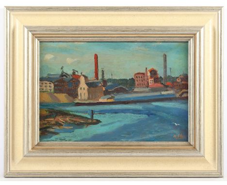ELZA, R. (Maler 1.H.20.Jh.), "Industrielandschaft am Fluss", Öl/Hartfaser, 20 x 30, unten rechts signiert, R. 