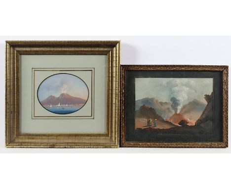 AQUARELLIST 1.H.19.JH., "Zwei Vesuvansichten", Gouache/Papier, 13,5 x 19,5 sowie 10 x 13 (Passepartoutausschnitt), R.  