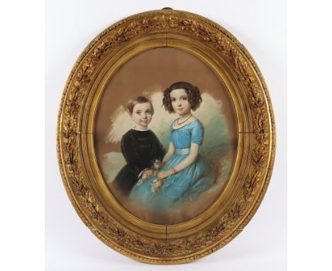 ERNECKE, Hermann (1817-1894), "Portrait eines Geschwisterpaares", Mischtechnik/Papier, 47 x 39, unten rechts signiert und "18
