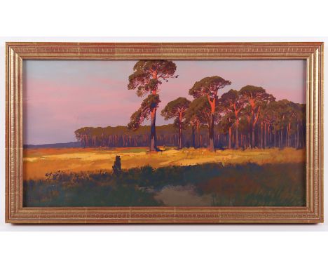 HELLGREWE, Rudolf (1860-1926), "Waldrand im Abendlicht", Gouache/Papier, 26 x 49, unten links signiert, R. 