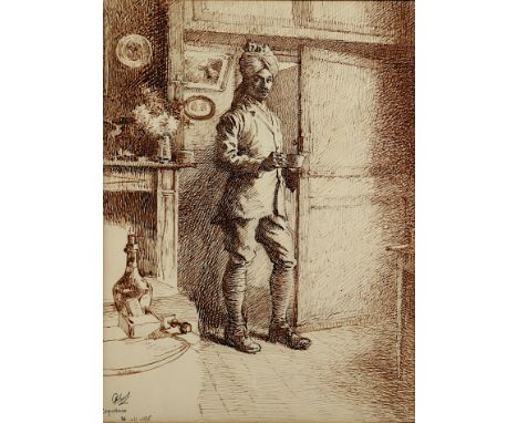 FRANZÖSISCHER ZEICHNER UM 1900, "Mann mit Turban in einem Interieur", Tusche/Papier, 26 x 20 (Passepartoutausschnitt), unten 