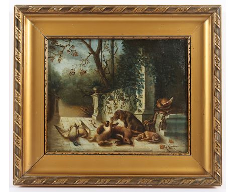 LEBLANC, A. (Maler um 1900), "Jagdhund vor der Beute", Öl/Lwd., 22 x 27, unten rechts unleserlich signiert, R. 