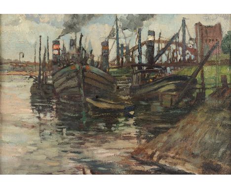 MALER A.20.JH., "Dampfkähne am Ufer", Öl/Lwd., 36 x 51, doubliert, R. 