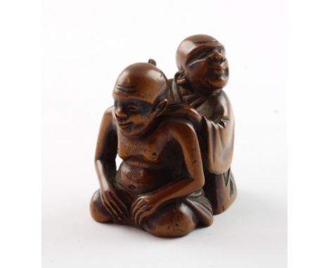 NETSUKE BLINDER MASSEUR MIT KUNDE, Buchsbaum, H 4,1, JAPAN, M.19.Jh. 