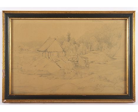 ACHENBACH, Andreas (1815-1910), "Am Sägewerk", Bleistift/Papier, 17,5 x 26,5, unten rechts signiert sowie Nachlassstempel, R.