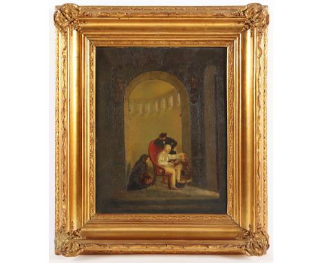 MALER M.19.JH., "Besuch beim Großvater", Öl/Holz, 39 x 30, unten links unleserlich signiert (Mathias ...effel?) und "1859" da