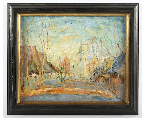 GOTH, Maurice (1873-1944), "Dorfplatz mit Kirche", Öl/Malkarton, 28 x 34, besch., unten links signiert und "1922" datiert, R.