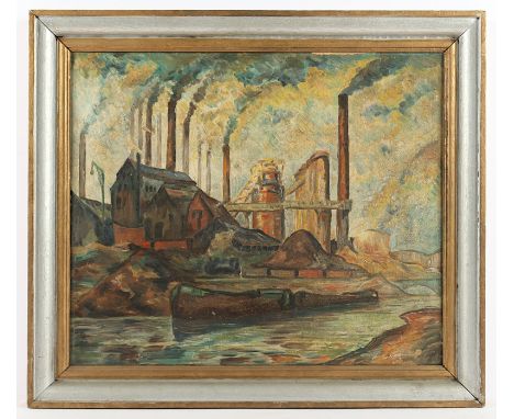 MALER 1.H.20.JH., "Industrielandschaft am Fluss", Öl/Malkarton, 42 x 51, R. 