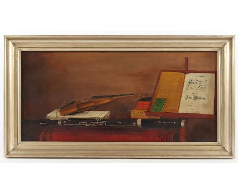 FRANKREICH E.19.JH., "Stillleben mit Instrumenten", Öl/Lwd., 23 x 49, rest., unten rechts unleserlich signiert und datiert, R