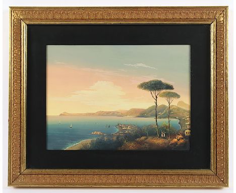 AQUARELLIST UM 1800, "Küstenansicht bei Neapel", Gouache/Papier, 18,5 x 25,5 (Passepartoutausschnitt), R. 