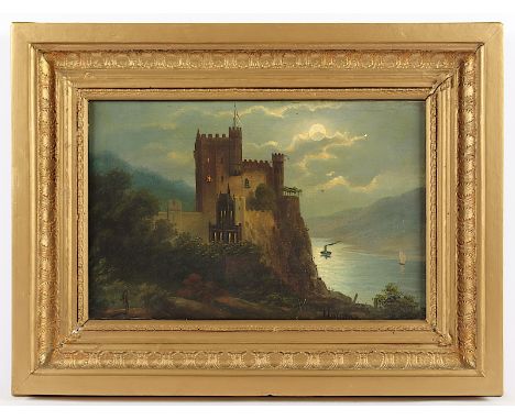 MALER UM 1900, "Mondnacht bei Burg Rheinstein", Öl/Lwd., 22 x 35, min.besch., unten rechts unleserlich signiert, R. 