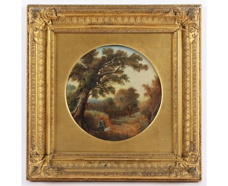 ENGLAND 19.JH., "Landschaft mit rastendem Wanderer", Öl/Holz, 19 x 19, R. 