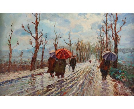 BROUDALE ?, E. (Maler des 20.Jh.), "Spaziergänger im Regen", Öl/Holz, 43 x 68, unten rechts signiert, R. 