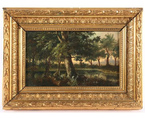 MALER E.19.JH., "Waldstück", Öl/Lwd., 15 x 25, auf Holz aufgezogen, R. 