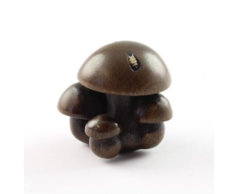NETSUKE PILZGRUPPE, Holz, Gruppe von fünf Pilzen, im größten sind Wurmlöcher und ein Wurm aus Bein wird sichtbar, H 3,5, ein 
