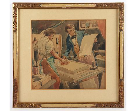 AQUARELLIST E.19.JH., "In der Druckerei", Mischtechnik/Papier, 25 x 28 (Passepartoutausschnitt), unten mittig unleserlich sig