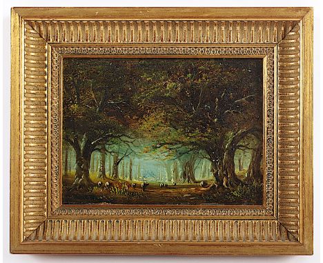 MALER DES 19.JH., "Waldlandschaft mit Schafen", Öl/Holz, 10 x 15, R. 