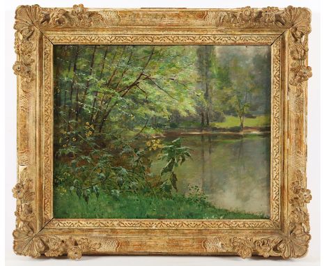 MALER E.19.JH., "Am Waldteich", Öl/Holz, 32 x 41, besch., R. 