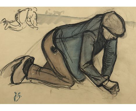 GEERLINGS, Jacob Hendrik (1859-1939), "Straßenbauarbeiter", Kohle/Aquarell/Papier, 26 x 37 (Passepartoutausschnitt), unten li
