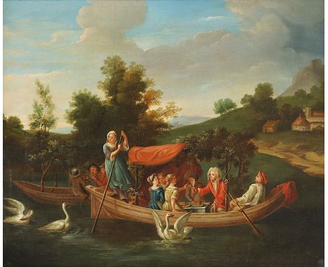 MALER WOHL 18.JH., "Festgesellschaft auf einem Kahn", Öl/Lwd., 36 x 42, doubliert, R. 