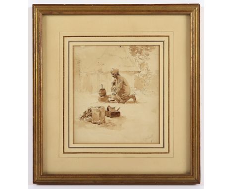 FRANZÖSISCHER ZEICHNER UM 1900, "Mann mit Turban an einer Kochstelle", Tusche/Papier, laviert, 17 x 15 (Passepartoutausschnit