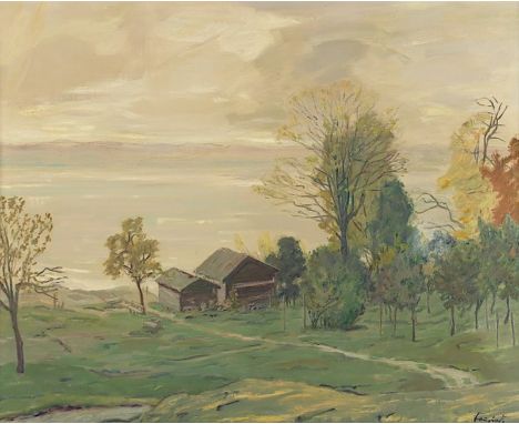BAURIEDL, Otto (1881-1961), "Seenlandschaft", Öl/Lwd., 80 x 100, unten rechts signiert, verso Originaletikett der Grossen Deu