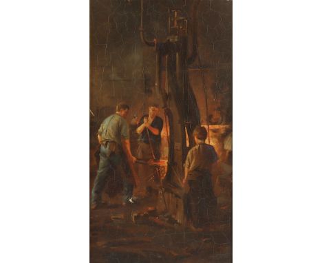 CHARLET, Emile (1851-1910), "Eisenprobe beim Stahlabguss", Öl/Lwd., 60 x 33, besch., unten rechts signiert, R. 