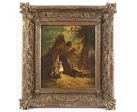 MALER 2.H.19.JH., "Zwei arme Bauernkinder vor einer Hütte", Öl/Holz, 28 x 23, R. 
