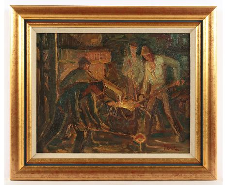 DRHA, Josef (1912-2009), "Vier Arbeiter beim Abstich", Öl/Malkarton, 33 x 42, unten rechts signiert, R. 