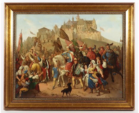BAUER (Maler E.19.Jh.), "Aufbruch in die Schlacht", Öl/Malkarton, 58 x 73, besch. und rest., unten rechts signiert und "899" 