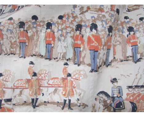A pair of 1911 Coronation of King George V curtains with design of Military procession, Coronation coach and crowds, with pel