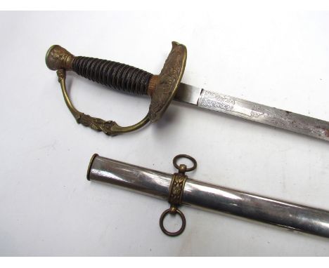 A reproduction US dress sword with brass eagle design hilt, engraved blade and all-steel scabbard 