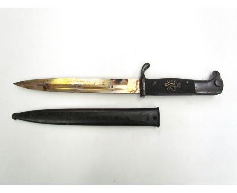 A German K98 bayonet by Alcoso with regimental crest to grip, black painted steel scabbard