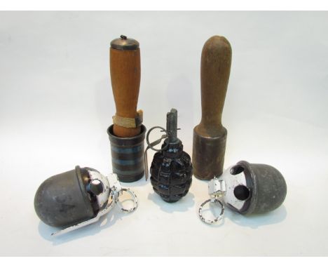 Two WWII Hungarian stick grenades, a Russian pineapple grenade and two Norwegian smoke grenades (5)