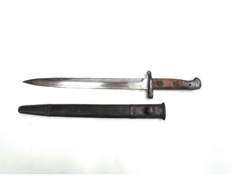 A British 1903 pattern Enfield bayonet by Sanderson with various date stamps, steel mounted leather scabbard