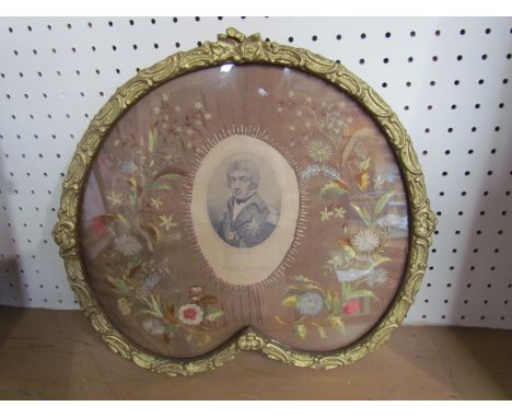 A print portrait of Admiral Lord Nelson with embroidered floral surround, framed and glazed 