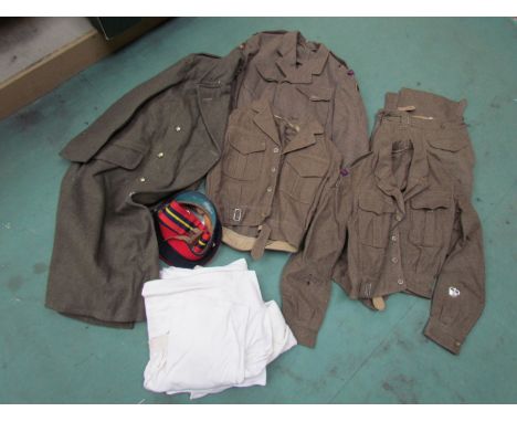 A box of mixed British Army uniform including 1949 pattern battledress, mothed throughout 