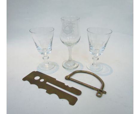 Two Howe Battalion glasses, a 100th Air Refueling Wing glass, brass button polisher and a bag locker (5)
