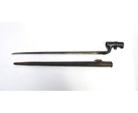A 19th Century socket bayonet marked 501, with leather and brass scabbard 