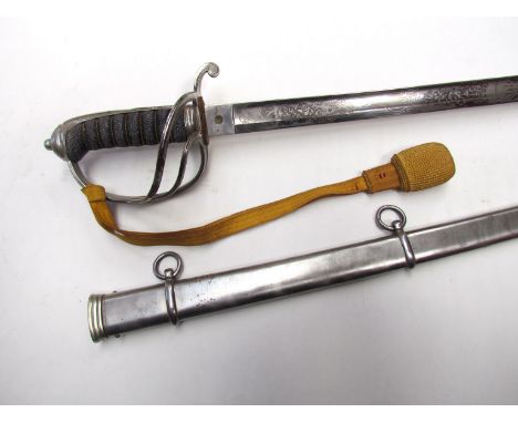 A Victorian 1821 pattern Artillery officer's sword with three bar hilt, shagreen grip and engraved blade named to R.T.H CLARK