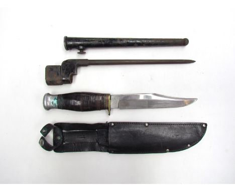 A British bayonet No. 4 Mk. II "pigsticker" with No. 4 Mk. I scabbard, together with a Sheffield-made knife with laminated le