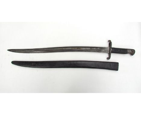 A Victorian 1856 pattern Enfield sword bayonet with yataghan blade, twin oval finials, with plain leather scabbard 