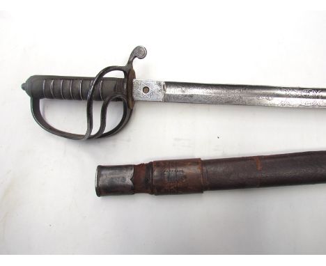 An 1821 pattern Artillery officer's sword by Wilkinson with two bar hilt, shagreen grip, single fullered blade, leather cover