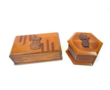 Two WWII era hardwood trinket boxes, brought back by a Colonel in the Pioneer Corps, King's crown surmounted by a lion