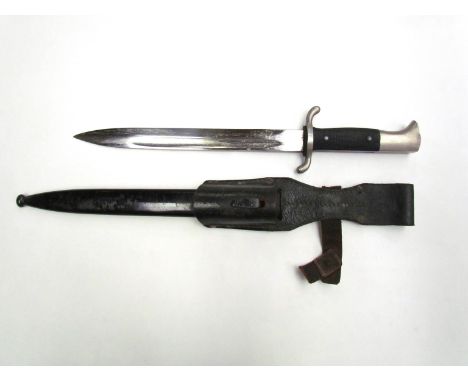 A German Fire Service dagger with black painted steel scabbard and black leather frog 