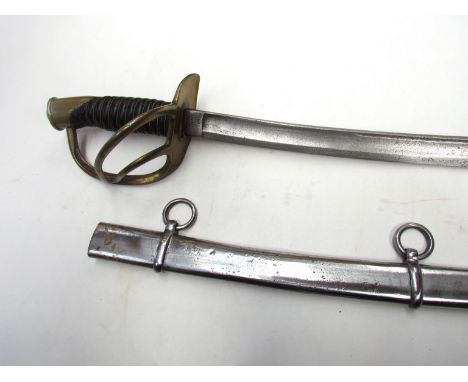 A US Civil War era model 1860 Cavalry trooper's sword with leather and brass grip, domed pommel and three bar hilt.  Blade da