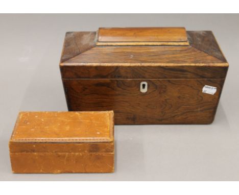 A Victorian rosewood tea caddy and a small leather box. The former 30 cm wide.