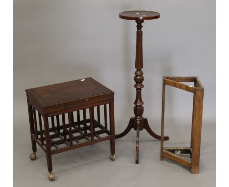 A Victorian walnut piano stool, an oak stick stand and a torchere. The latter 100 cm high.