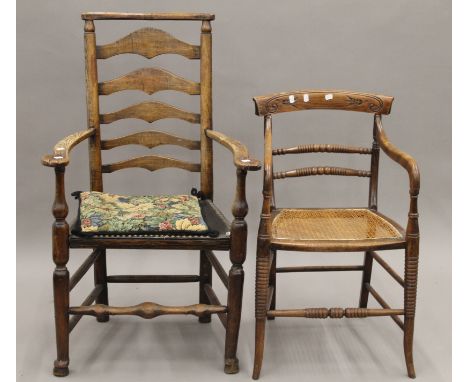 A 19th century elm ladder back chair and a cane seated armchair. The former 109 cm high.