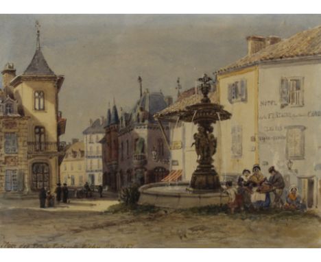 GEORGIANA WILKINSON, watercolour, signed with monogram and dated 1867, inscribed Place De Trois Cornets, Vichy, framed and gl